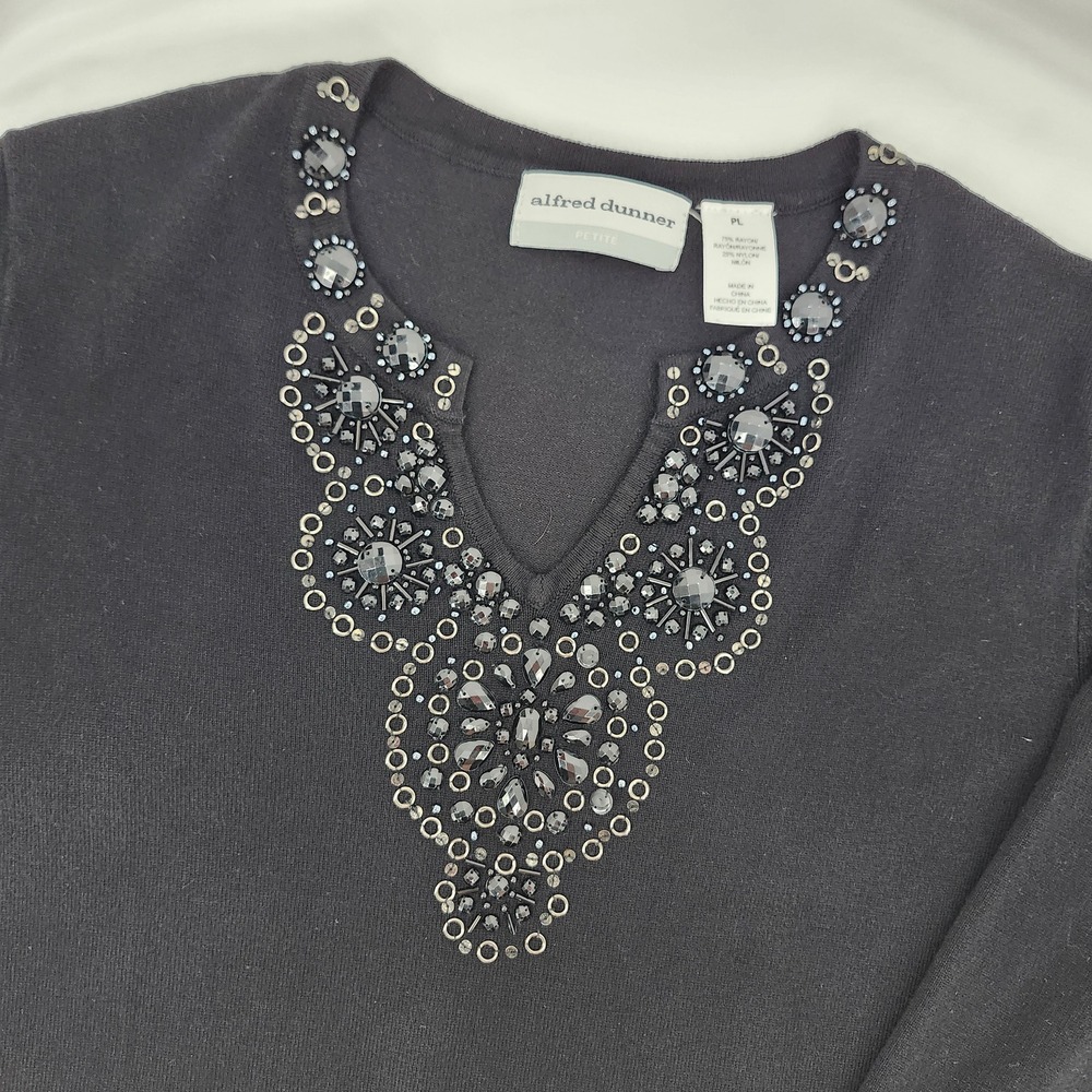 Alfred Dunner Womens Black Beaded Knit Top Size PL Holiday Glam Evening Sparkle